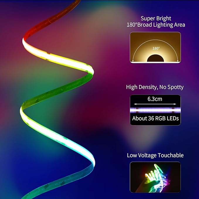 80ft COB RGB+IC LED Strip Lights, Bright Dream Color COB LED Light Strip with RF Remote App Control Music Sync Color Changing for Game Room Bedroom Kitchen Lighting Home Decor（2 Rolls）