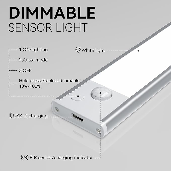 Under Cabinet Lighting, LED Magnetic Motion Activated Under Cabinet Lights, Rechargeable Closet Lights 2800mAh Battery Operated, Wireless Dimmable Under Counter Lights for Kitchen,Hallway 4 Pack
