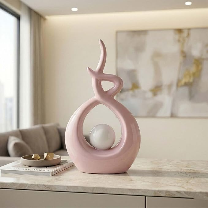 Pink White Modern Sculpture Table Decorations, Ceramic Knick Knacks Statues for Living Room Decor, Tv Stand and Desk Decor, Suitable for Coffee Tables and Shelf Decorations, Great Gift Idea