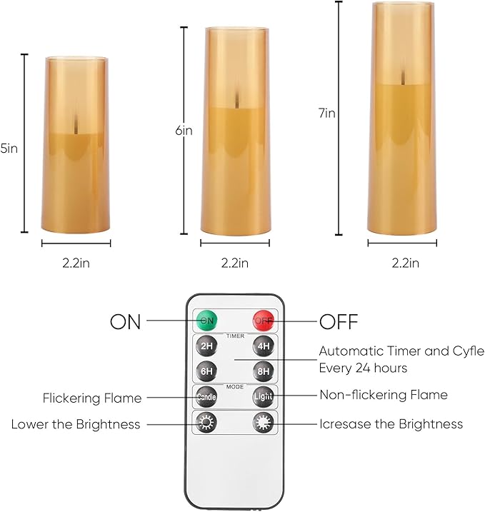Homemory Amber Flameless Battery Operated LED Candles with Remote Control, Flickering Pillar Candles, 7-Piece Set for Multi-Use Decor, Timer Function Included