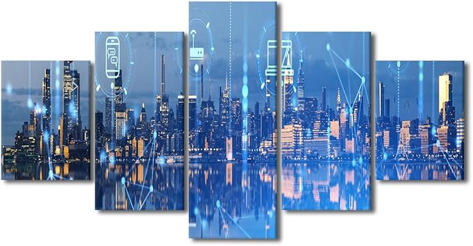 Modern Home Decoration 5 Panel City Landscape Wall Art Wireless Network Picture Canvas Art Internet Companies Office Corridor Wall Decor Men Bedroom Decor Frame and Stretched Ready to Hang 60x32 Inch