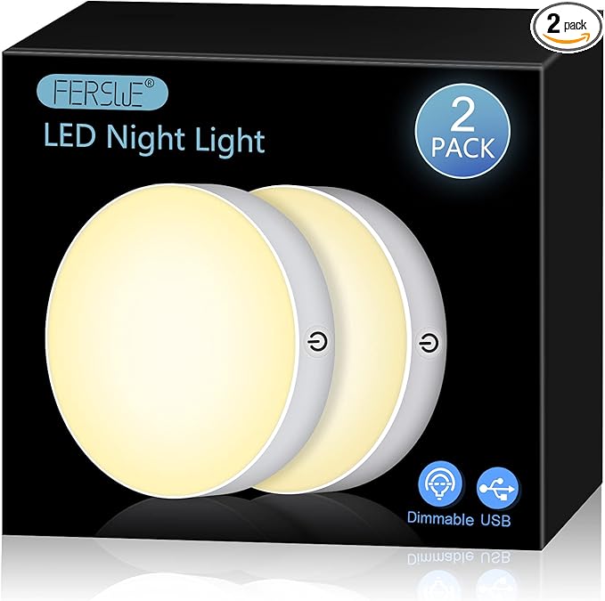 Ferswe Dimmable Touch Lights, 3000K Rechargeable Tap Light with 1000mAh Large Battery, Stick on Lights for Closet, Cabinet, Shelf, Wall and Desk(2 Pack)
