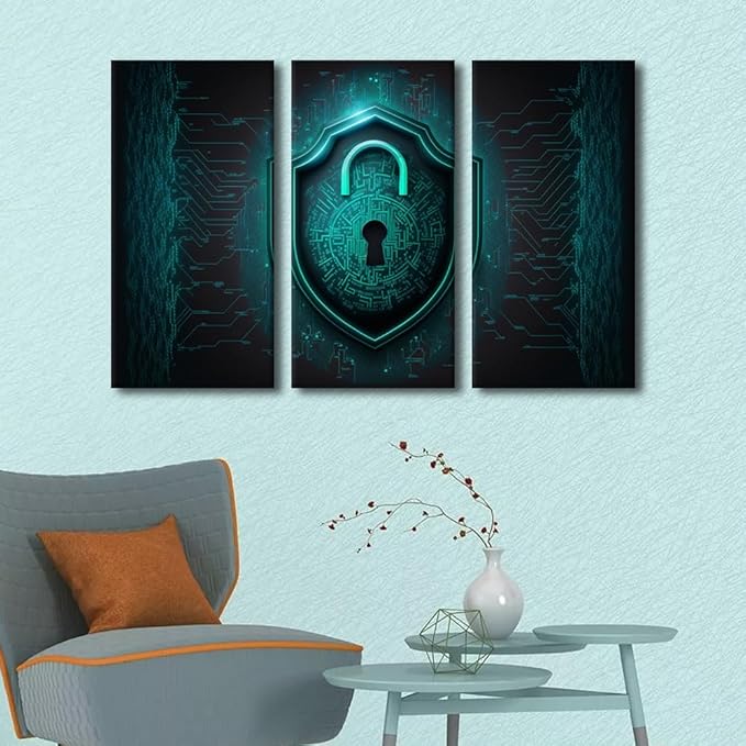 TUMOVO Modern Wall Art for Living Room Multi Panel Internet Network Locker Technology Wall Decor Colorful Data Security Picture Poster Canvas Art Stretched Framed Ready to Hang, 42" Wx28 H