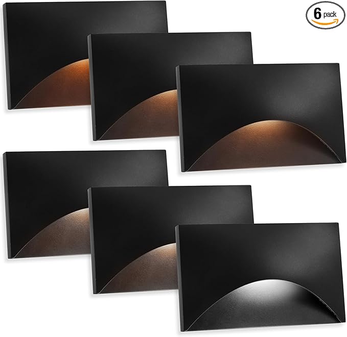Energetic 120V LED Stair Lights - 2200K/2700K/3000K/4000K/5000K Outdoor Step Lights, 3W Dimmable Stairway Lights Indoor, CRI90, ETL Listed, Wet Location, Aluminum, 5CCT, Black, Pack of 6