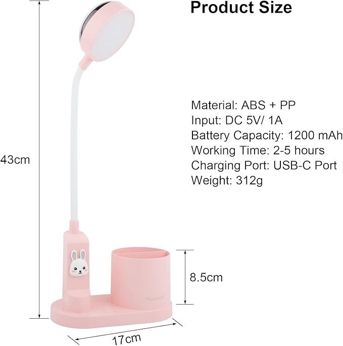 Cute Pink Rabbit Lamp for Kids Reading Study - Star Projector/Pen Holder/3 Brightness/Eye Caring, Rechargeable Led Table Desk Lamp for Home Office Dorm Decor, Ideal Birthday Christmas Gifts