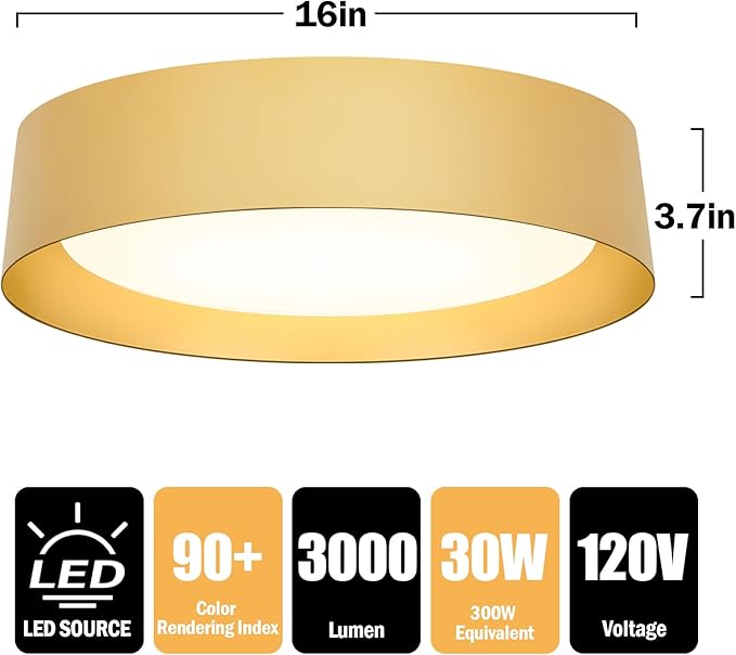 BrightHome 16in Flush Mount Ceiling Light, 3000LM 30W(300W Equiv), LED Ceiling Light Fixture 5CCT 2700K 3000K 4000K 5000K 6000K,Dimmable Ceiling Lamp for Bedroom Bathroom Hallway,Polished Gold Finish