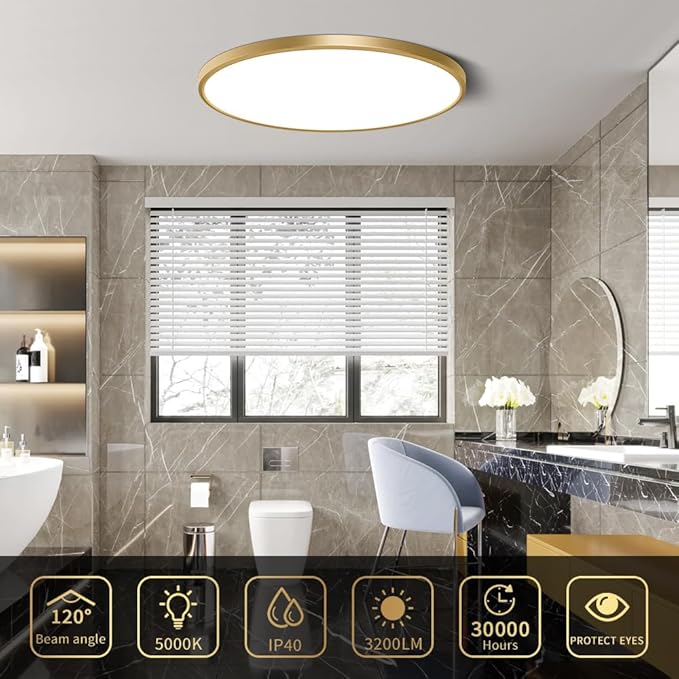 15.7 Inch Gold Flush Mount Ceiling Light Fixture, 5000K Daylight White, 32W 3800LM Bright LED Ceiling Light, Flat Round Light Fixtures Flush Mount for Bedrooms Living Rooms