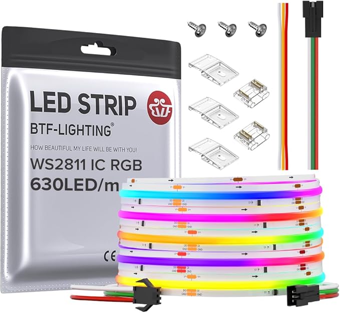 BTF-LIGHTING FCOB WS2811 IC RGB COB LED Strip 16.4FT DC12V 630LED/m Flexible High Density Uniform Chasing Color Light 14IC/m 10mm Width Dream Color for Home Indoor Decor(No Adapter or Controller)