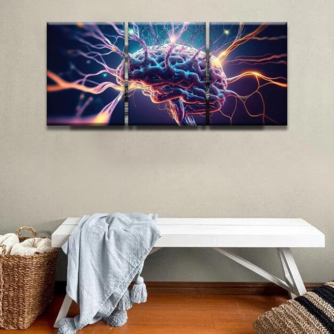 LSIUHWUWI Modern Wall Art 3 Panel Human Brain Neurons Firing Picture Prints on Canvas for Living Room Computer Room,Office Wall Decoration, Framed Ready to Hang 12x16inchx3