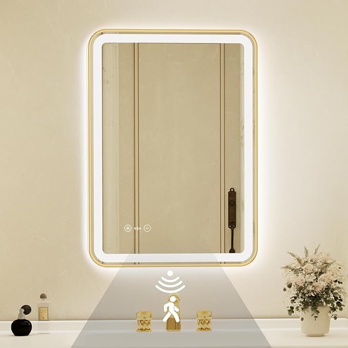 24x32 Inch Gold Framed LED Bathroom Mirror with Lights,Smart Bathroom Mirror,Motion Sensor,Anti-Fog,Stepless Dimmable & 3 Colors,Memory,Vanity Mirror for Wall