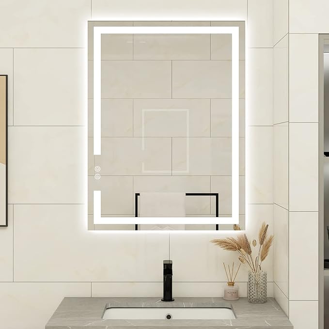 28 X 20 Inch LED Bathroom Vanity Mirror, 3 Colors Light Dimmable, Wall Mounted Memory Lighted Makeup Mirror with Anti-Fog Touch Switch (Front-lit&Backlit)