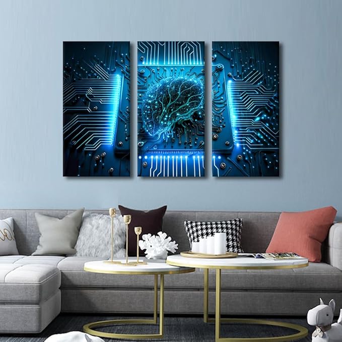 TUMOVO Artificial Intelligence Decor AI Pictures Print 3 Panel Computer Processor Canvas Wall Art Technology Artwork Modern Wall Decoration for Living Room Ready to Hang, 36" Wx24 H