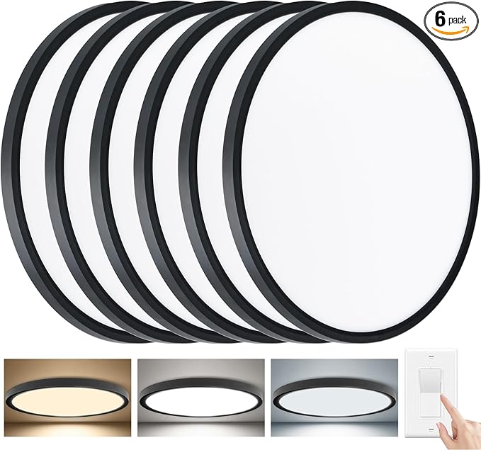 6 Pack 15.8Inch 3520LM LED Flush Mount Ceiling Light, 32W 3000K/4000K/5000K 3CCT Seletable, Round LED Ceiling Light for Bedroom Living Room Kitchen Hallway Office,Black