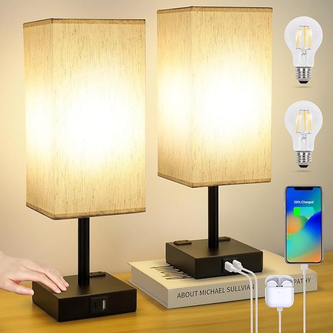 Soilsiu Bedside Table Lamps Set of 2 - Touch Nightstand Lamp for Bedroom with USB C+A Charging Ports & AC Outlets, 3-Way Dimmable Desk Lamp Flaxen Fabric Shade for Living Room Office(Bulb Included)