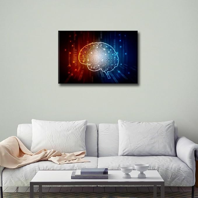 TUMOVO AI Artificial Intelligence Concept Wall Art Red Blue Pictures Print On Canvas AI Brain Modern Artwork Wall Art for Living Room Office Gallery Framed Ready to Hang, 24x16in