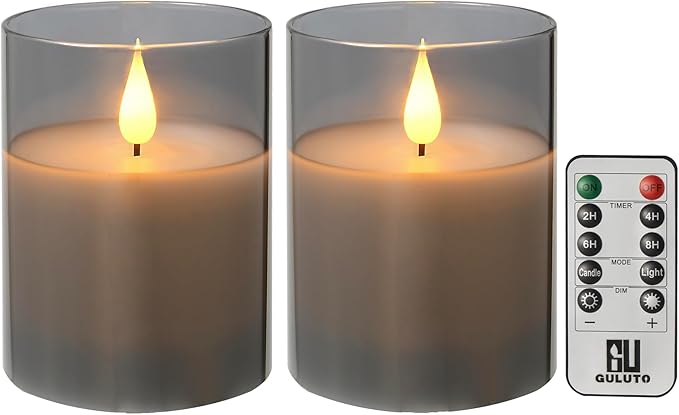 Glass Battery Operated LED Flameless Candles, Set of 2, D 3" x H 4", Real Wax Pillar Flickering Candles with Remote and Timer, Electronic Candle with 3D Wick for Festival Home Party Decor Grey
