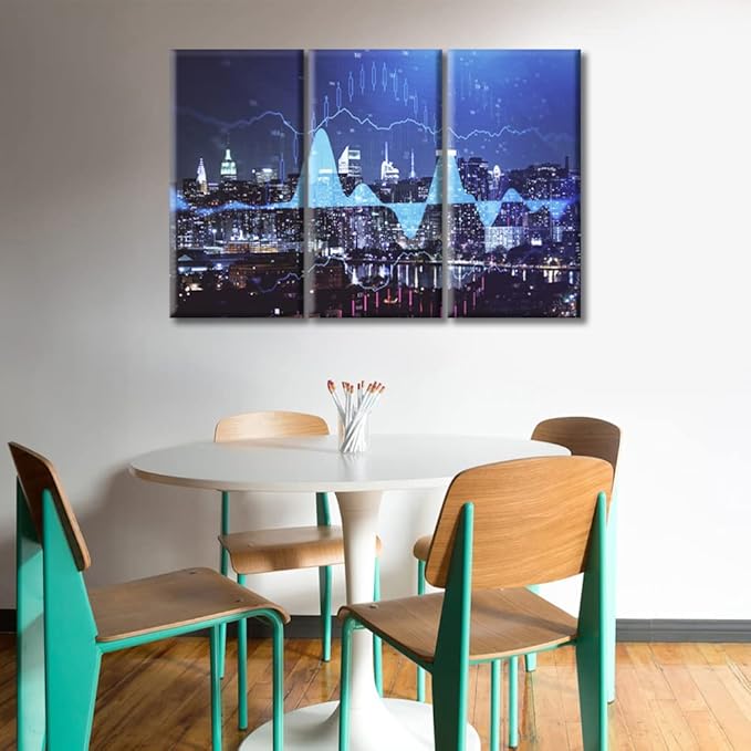 TUMOVO Black and White Wall Art Forex Chart Drawings Over Cityscape 3 Panels Cityscape at Night Background Wall Decor for Bedroom Framed Ready to Hang (36" Wx24 H)