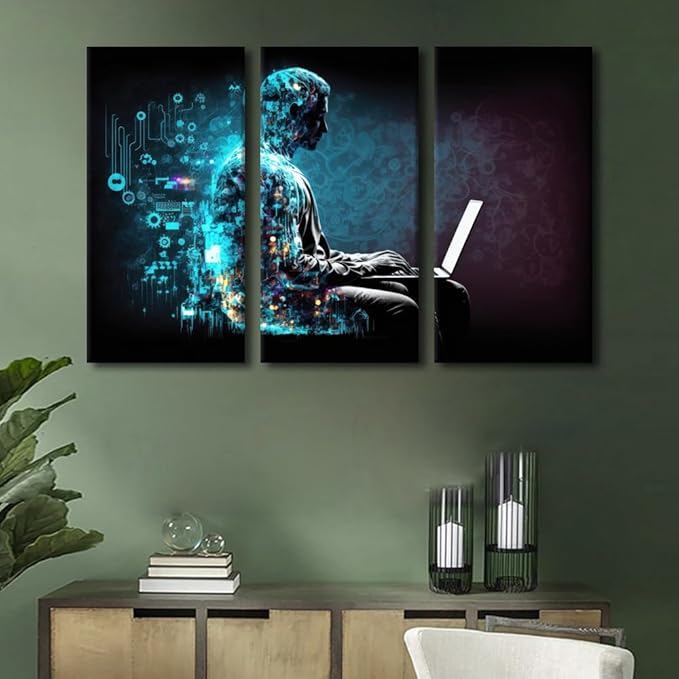 AI Poster Wall Art for Bedroom 3 Piece Computer Processor Canvas Printing Posters for Office Home Wall Decoration Wooden Framed and Stretched Ready to Hang, 60" Wx40 H