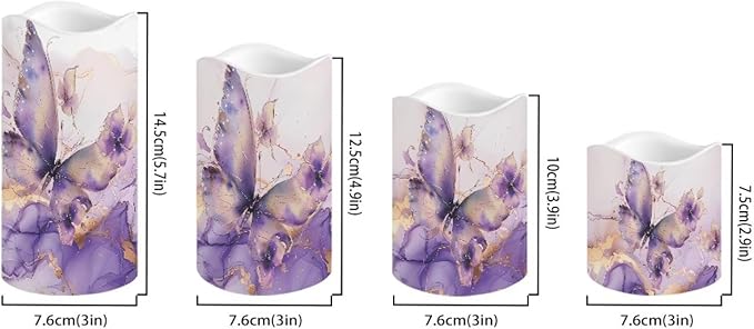 Purple Butterfly Marble Flickering Flameless Candles with Remote LED Pillar Candles Battery Operated with Timer Color Changing Electric Candles Decoration