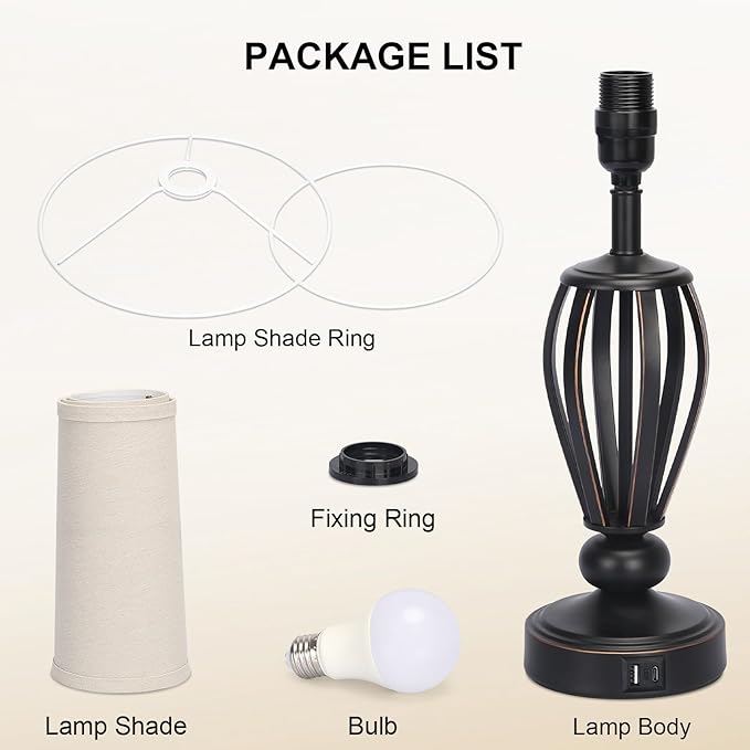USB Bedside Lamp, 3-Way Dimmable Touch Table Lamp with USB C+A Charging Ports Industrial Table Lamp Black Metal Base Farmhouse Reading Lamp for Bedroom, Living Room, Office or Study LED Bulb Included