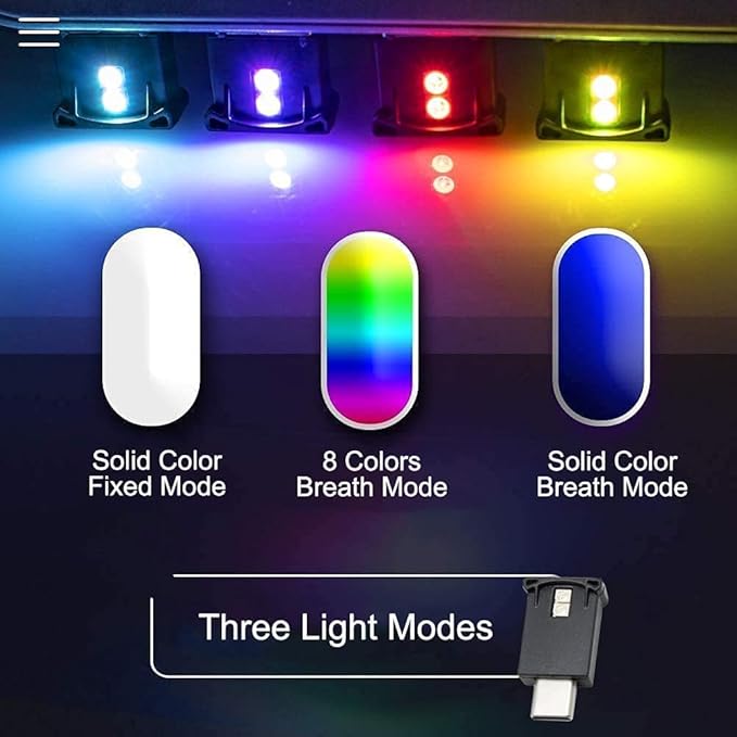 AOZITA Mini USB Type C LED RGB Light Brightness Adjustable 8 Color Changeable for Car, Laptop, Keyboard. Atmosphere Smart Type-C Night Lamp for Home Decoration (Quantity: 4)