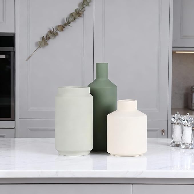 Modern 3 Piece Ceramic Vase Set - Minimalist Home Decor Vases for Living Room, Bedroom, or Entryway - Modern Neutral Table Decor for Flowers or Greenery, Shelf and Mantel Accent