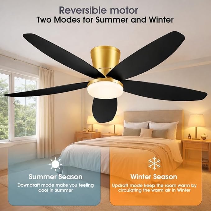 42" Ceiling Fans with Lights-Low Profile Ceiling Fan with Light and Remote/APP Control,Flush Mount Gold Ceiling Fan with Reversible Black Blades