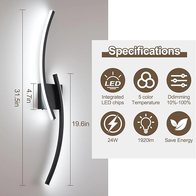 Hardwired 3000~6000K Modern Wall Sconce, 31.5IN Black LED Wall Light Fixtures Wall Lights for Bedroom, Living Room, Hallway and Bedside Wall Lamp