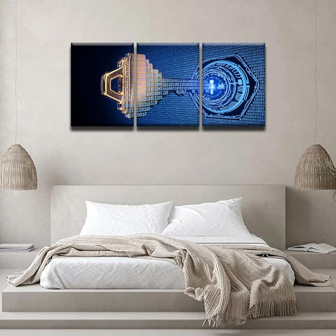 3 Panel Framed Wall Art A Key Formed from Binary Code Goes Into an Abstract Lock Picture Print on Canvas Posters for Bedroom Living Room Dorm Wall Decorations, 12x16inchx3