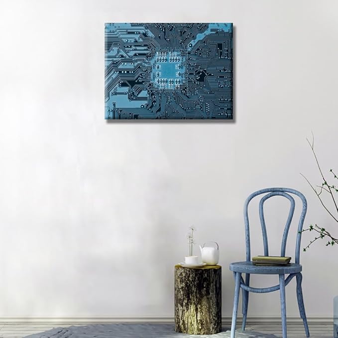 Digital Age Wall Art for Living Room CPU Concept Wall Painting Electronic Board Canvas Wall Art Technology Contemporary Home Decor 1 Panels Blue Electronic Circuit Inside Picture Framed 12X16 INCH