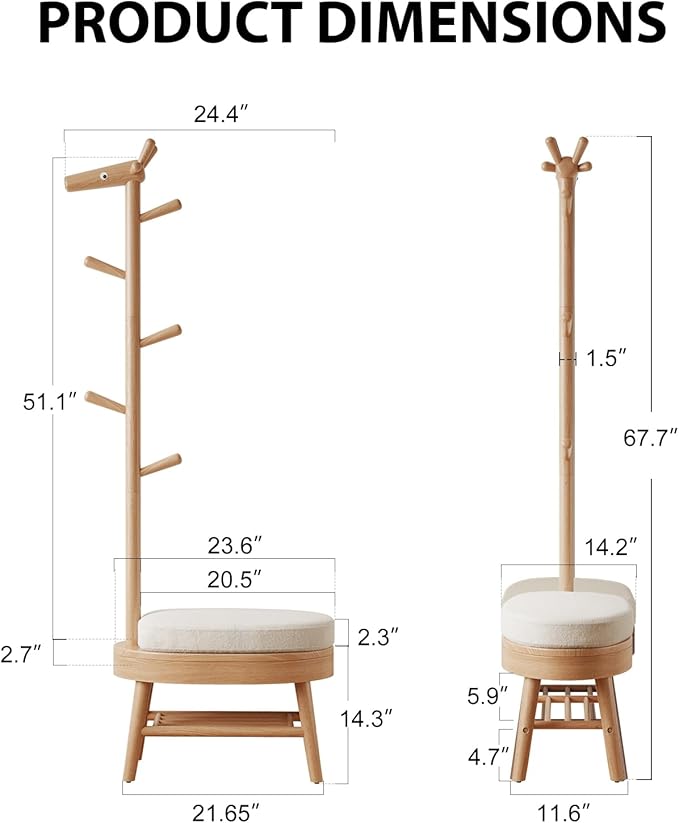 AQIMUELE Shoe Bench Entryway,Coat Rack with Shoe Storage, Coat Rack and Shoe Rack, Wooden Narrow Shoe Bench（Natural）
