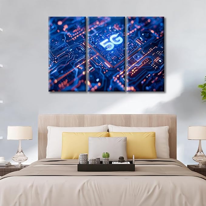 Canvas Wall Art Modern Chip Picture Paintings Artwork Prints Circuit Blue Neon Lights Framed Ready to Hang for Home Office Bedroom Living Room Bathroom Kitchen Wall Decor (42"Wx28"H)