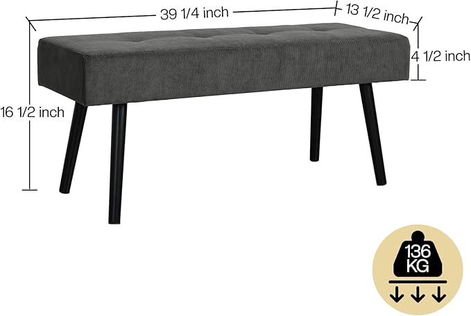 Entryway Bench - Grey Bench for Bedroom, Modern Ottoman End of Bed, Corduroy Padded Benches for Living Room, Foyer, Mudroom, Hallway - 39" L x 14" W x 17" H