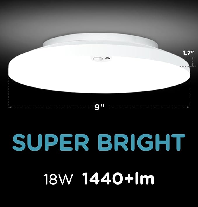 Motion Sensor Ceiling Light Indoor Wired, 9 Inch 18W, 5 CCT 2700/3000/3500/4000/5000K, 3 Brightness Settable, 1550LM Flush Mount LED Closet Lights for Stairs Hallway Laundry Porch, White