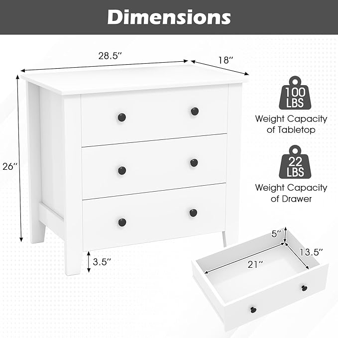 Giantex Small 3-Drawer Dresser for Bedroom - 28.5” x 18” x 26” Wide Chest of Drawers, Modern Large Nightstand, Storage Cabinet, Closet Storage Organizer for Living Room, Hallway (White)