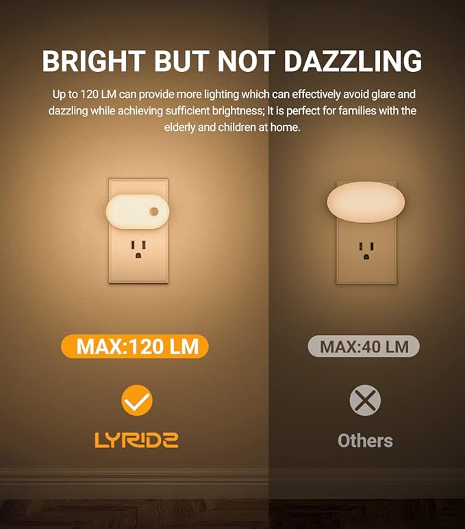 Lyridz Plug-in Night Light with Motion Sensor, 1-120 LM Stepless Adjustable Brightness LED Nightlights for Bathroom, Bedroom, Hallway, Stairs, Garage, Toilet, 4 Pack