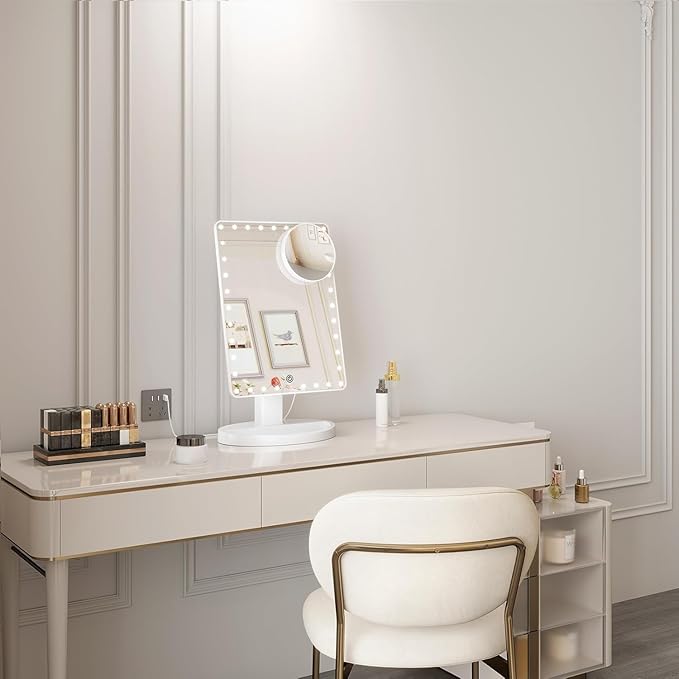 FUNTOUCH Large Lighted Makeup Mirror with Lights, Light Up Mirror with Small 10x Magnification for Desk, 360°Rotation Touch Screen,Brightness Adjustable Tabletop Cosmetic Vanity Make Up Mirror