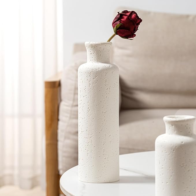 Flower Vase Set, Stone Look, 3 PCS Small Decorative Bud Vases for Pampas Grass, Farmhouse Decor, Kitchen, Living Room, Bathroom, Bedroom, Office, Shelf Centerpiece Table Decoration (White)