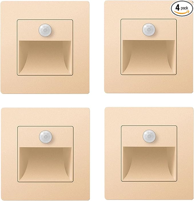 4 Pack Motion Detector Sensor LED Stair Light Infrared Human Body Induction Lamp Recessed Steps Ladder Staircase Bedroom Decoration LED Night for Kitchen, Bathroom, Stairs