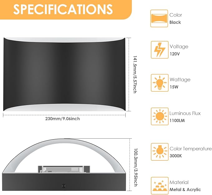 FOLKSMATE Modern LED Wall Sconces Set of 2, 3000K Warm White Up and Down Mount Light, Matte Black Large Interior Wall Lights Hardwired Lamp for Indoor Living Room Bedroom Hallway Basement Stairway