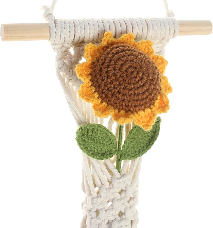 Bohemian Macramé Wall Art with Hand-Crocheted Sunflower, Cotton Rope Tapestry Decor with Tassels, Pre-Assembled Boho Wall Decor for Apartment Nursery Dorm, Unique Gift for Her (Sunflower 1pcs)