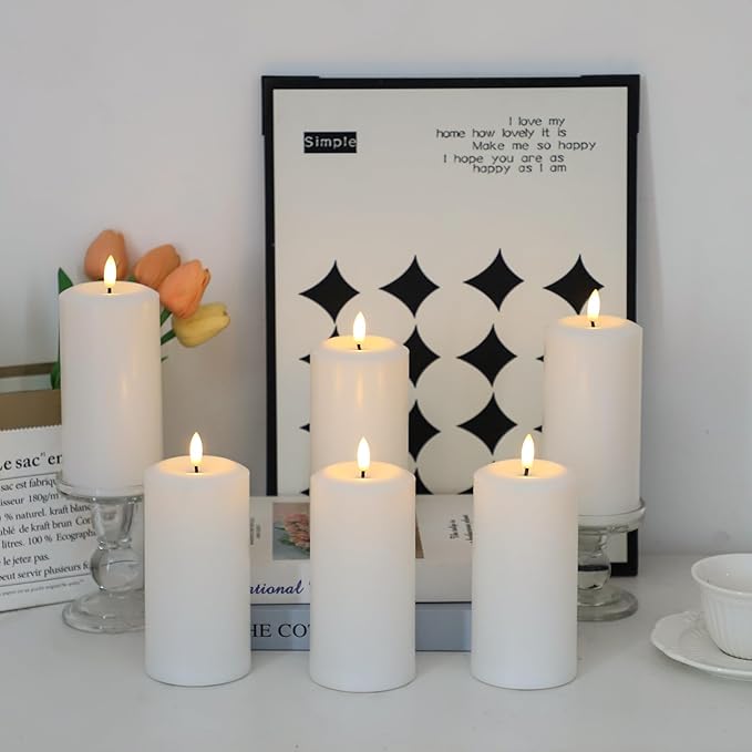 Flameless Candles Battery Operated with Remote and 2/4/6/8 H Timer, 6pcs Flickering Fake Electric Candles for Festival Wedding Home Party Decor (D3 x H 6") (White)
