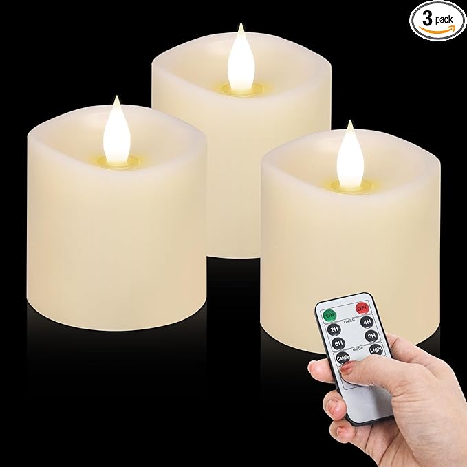 3x3 Flickering Flameless Candles Set of 3, Real Wax LED Battery Candles Flickering, 3 inch Flameless Candles with Remote,Battery Powered Candles, for Party/Wedding,Ivory