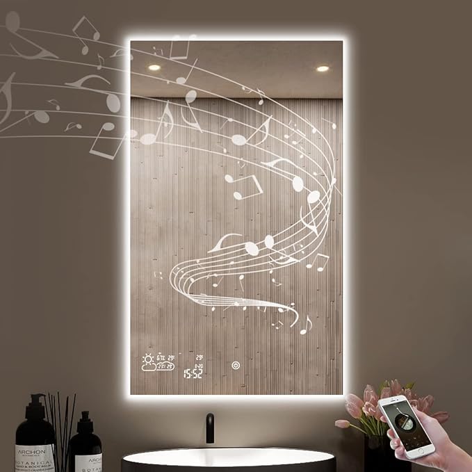 24X40 LED Bathroom Mirror with Lights, WiFi Smart Bluetooth Lighted Vanity Mirror for Bathroom with Backlit 2 Colors Dimmable Enabled Weather Display, Anti-Fog Vertically Hang Only