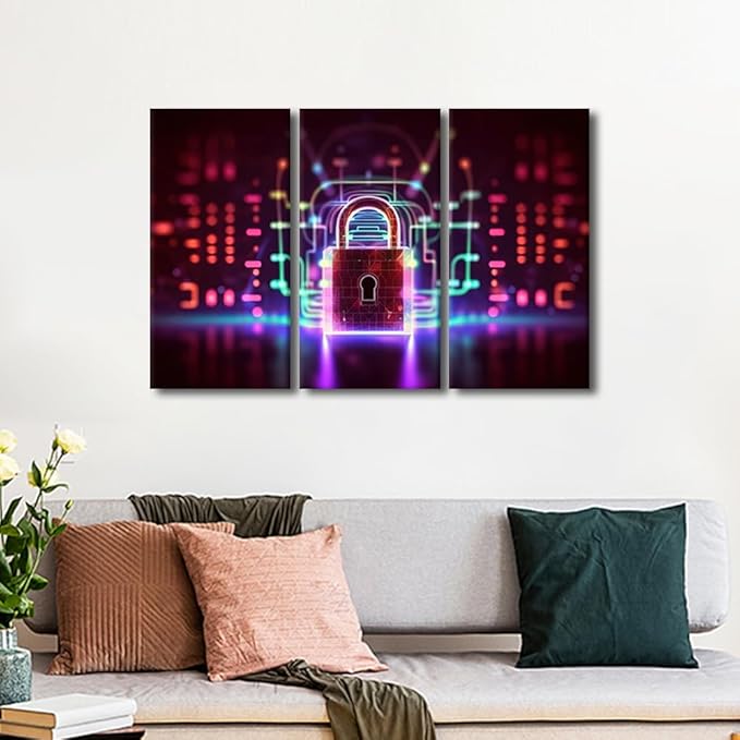 3 Panels Framed Wall Art Padlock on Technological Circuit Background with Neon Lights Picture Prints on Canvas Artwork for Home Wall Decorations, Wooden Framed Ready to Hang, 36" Wx24 H