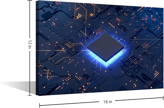 CPU Concept Modern Wall Art Computer Chip House Decorations for Living Room AI Canvas Wall Art Paintings for Bedroom Digital Age Office Decor Artwork Framed Easy to Hang - 18x12in