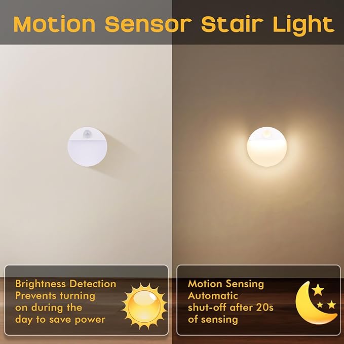 3 Pack Motion Sensor Stair Light for Indoor, Battery Operated Closet Lights, Led Stick On Puck Lighting Night Lamp, Motion Activated Lamps for Step, Cabinet, Hallway, Bathroom