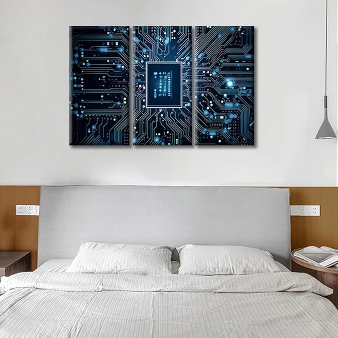 Office Wall Art Circuit Board High-Tech Technology Canvas Wall Art Circuit Network Contemporary Artwork Chip Pictures Wall Art for Living Room Bedroom Decor Framed Ready to Hang (36"Wx24"H)