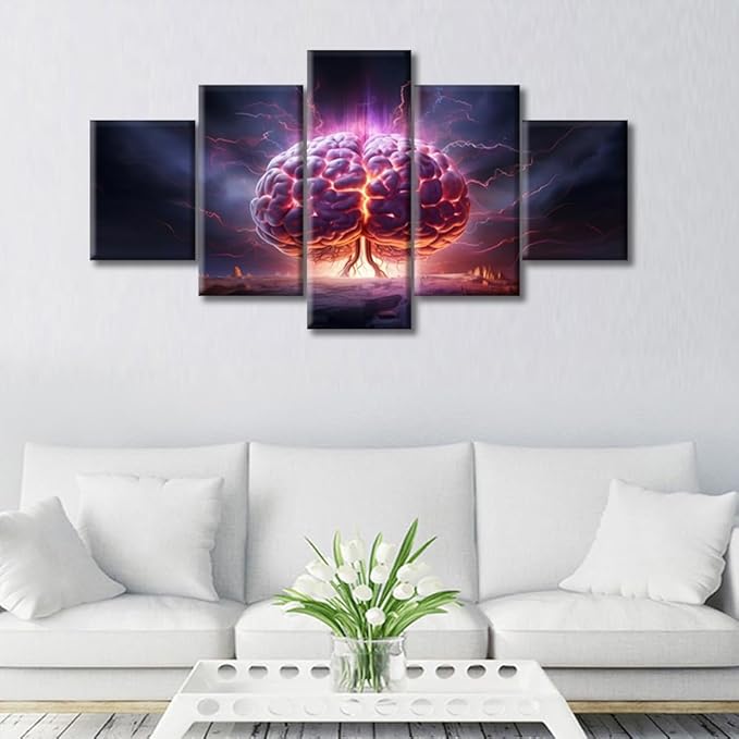 5 Pieces Brain Nervous System Canvas Wall Art for Living Room Human Brain Energy Book Poster Wall Decorations for Bedroom Bathroom Office Prints on Canvas Framed Ready to Hang, (60"Wx32"H)