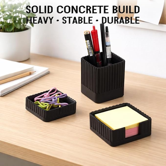 Desk Organizer Set of 3 for Office Accessories - Includes Pen Holder, Paperclip Storage, and Sticky Note Holder - Aesthetic Concrete Desktop Accessories for Women or Men, Office Decor (Black)